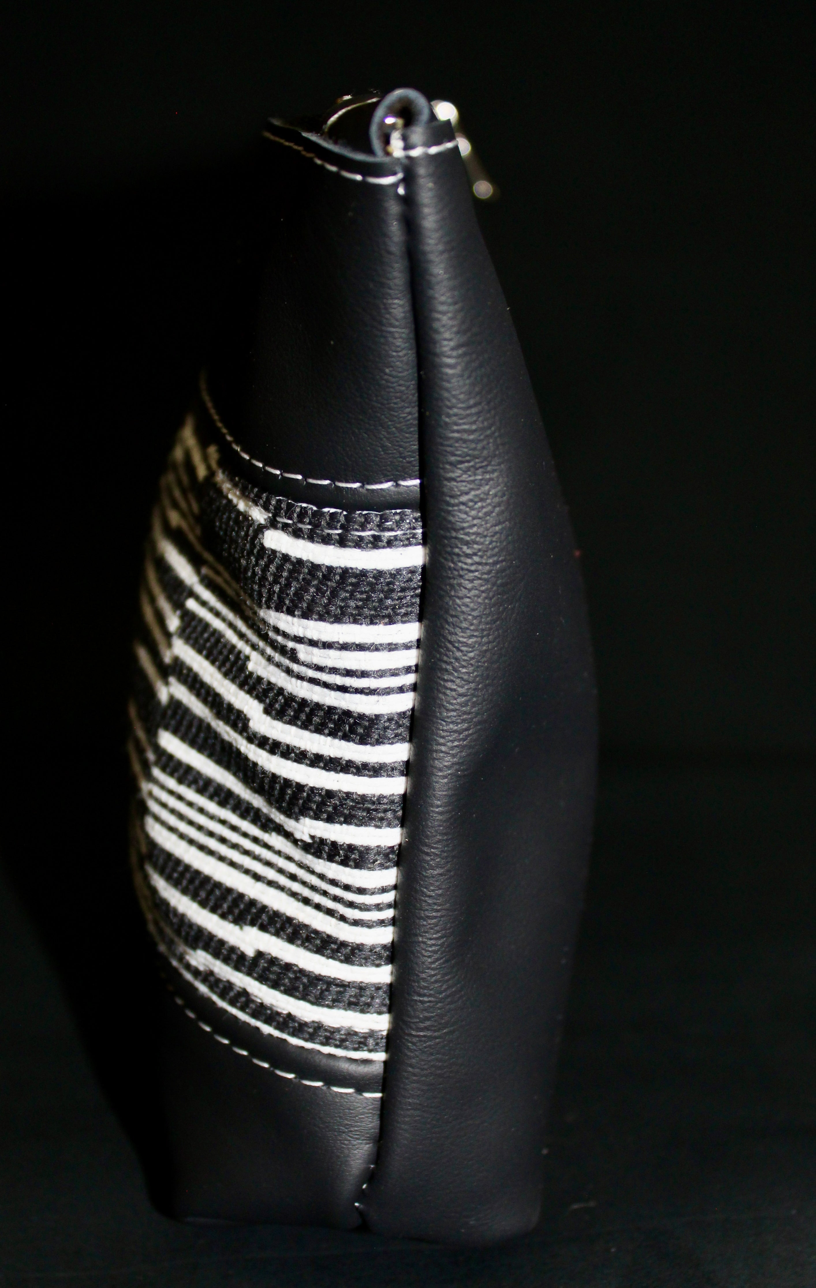 Piece by Piece Wristlet | Upcycled Auto Leather & Fabric | One of a Kind | Black & White Stripe