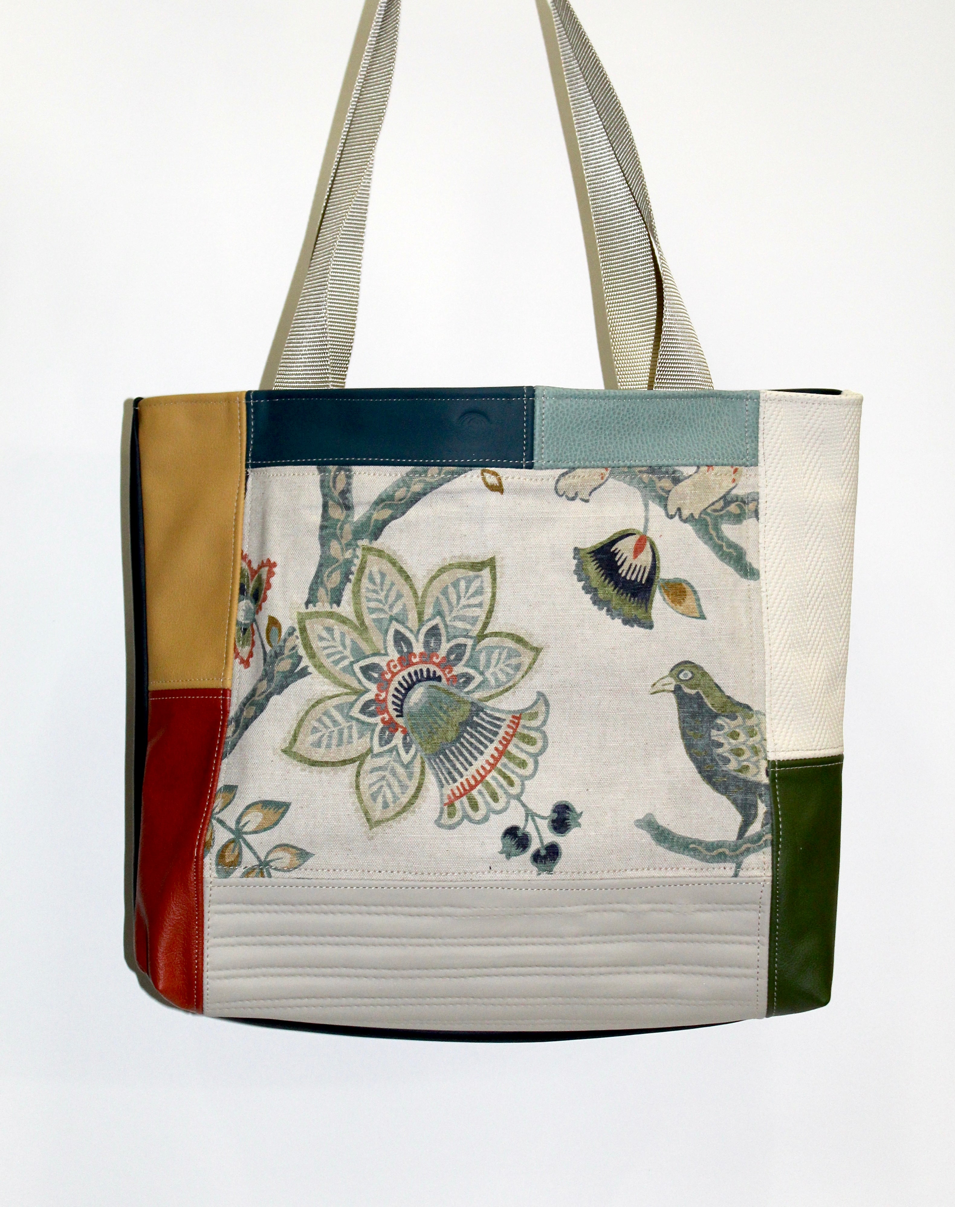 Patchwork Tote | Large Upcycled Auto Leather & Fabric | One of a Kind | Green, Cream, Blue, Rust Jacobean Floral