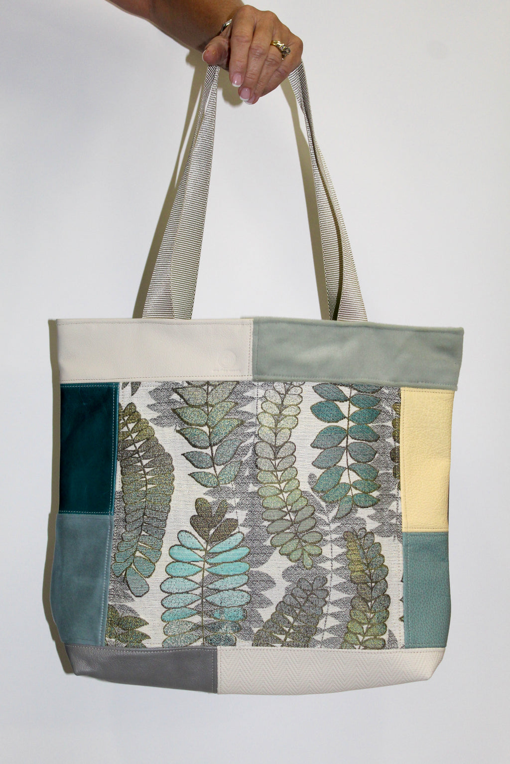 Patchwork Tote | Large Upcycled Auto Leather & Fabric | One of a Kind | Suede Blue, Teal, Butter Yellow Woven Fern Pattern