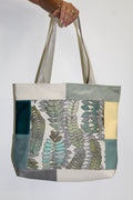 Patchwork Tote | Large Upcycled Auto Leather & Fabric | One of a Kind | Suede Blue, Teal, Butter Yellow Woven Fern Pattern