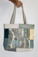 Patchwork Tote | Large Upcycled Auto Leather & Fabric | One of a Kind | Suede Blue, Teal, Butter Yellow Woven Fern Pattern
