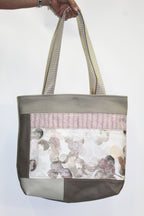 Patchwork Tote | Large Upcycled Auto Leather & Fabric | One of a Kind | Pink, Tan, Beige, White Abstract Embroidery