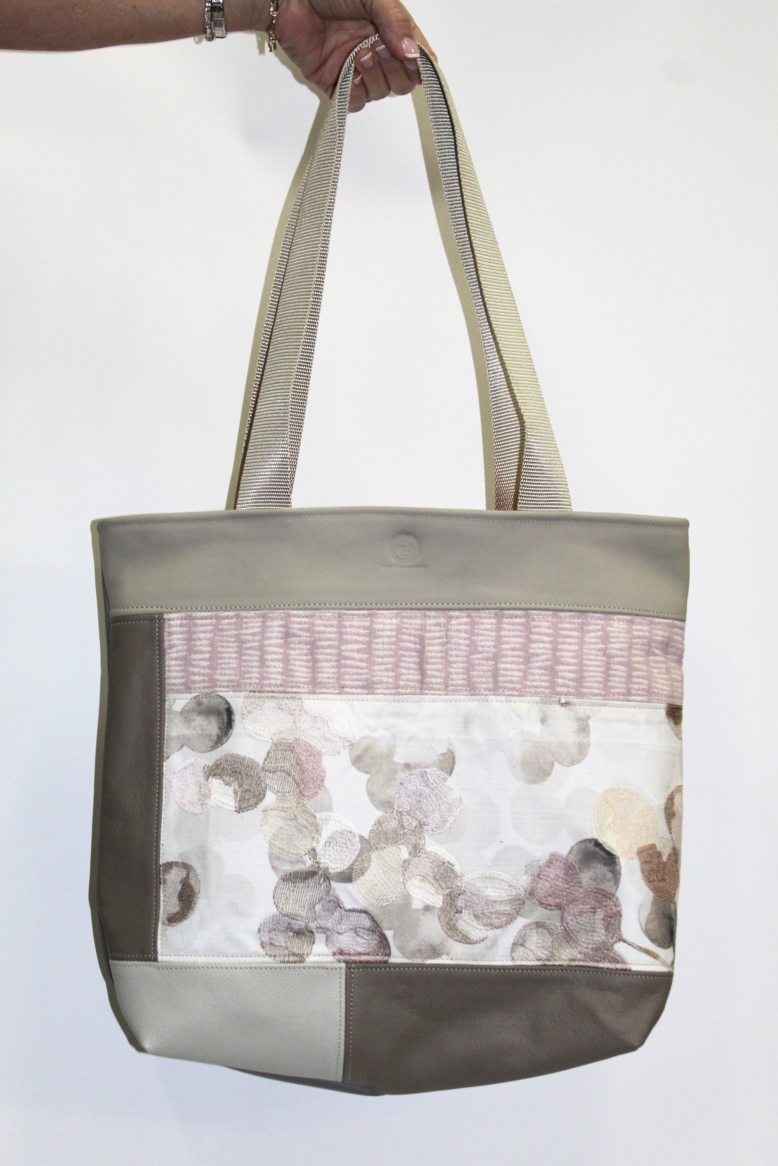 Patchwork Tote | Large Upcycled Auto Leather & Fabric | One of a Kind | Pink, Tan, Beige, White Abstract Embroidery