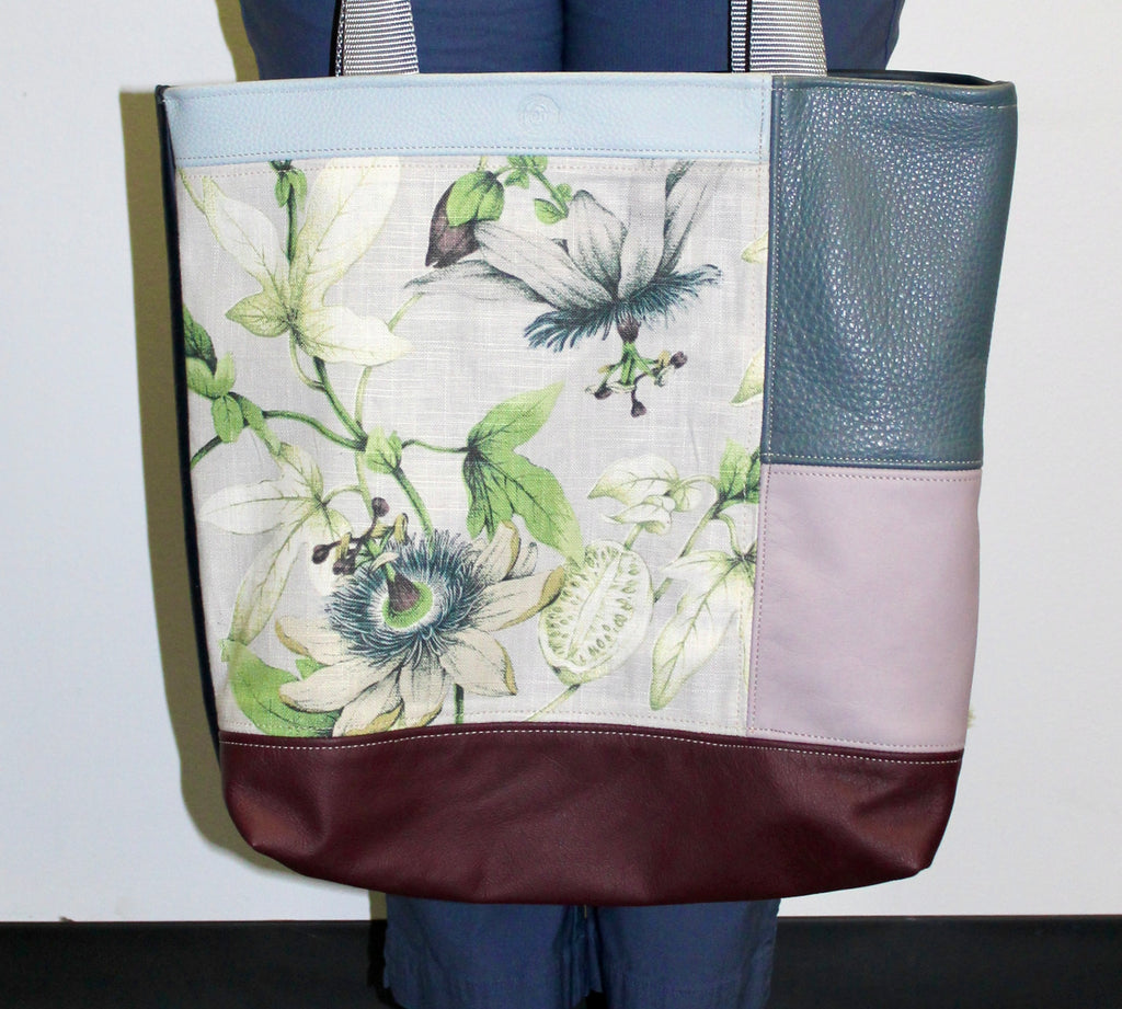 Patchwork Tote | Large Upcycled Auto Leather & Fabric | One of a Kind | Burgundy, Mauve, Steel & Sky Blue Passion Flower