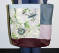Patchwork Tote | Large Upcycled Auto Leather & Fabric | One of a Kind | Burgundy, Mauve, Steel & Sky Blue Passion Flower