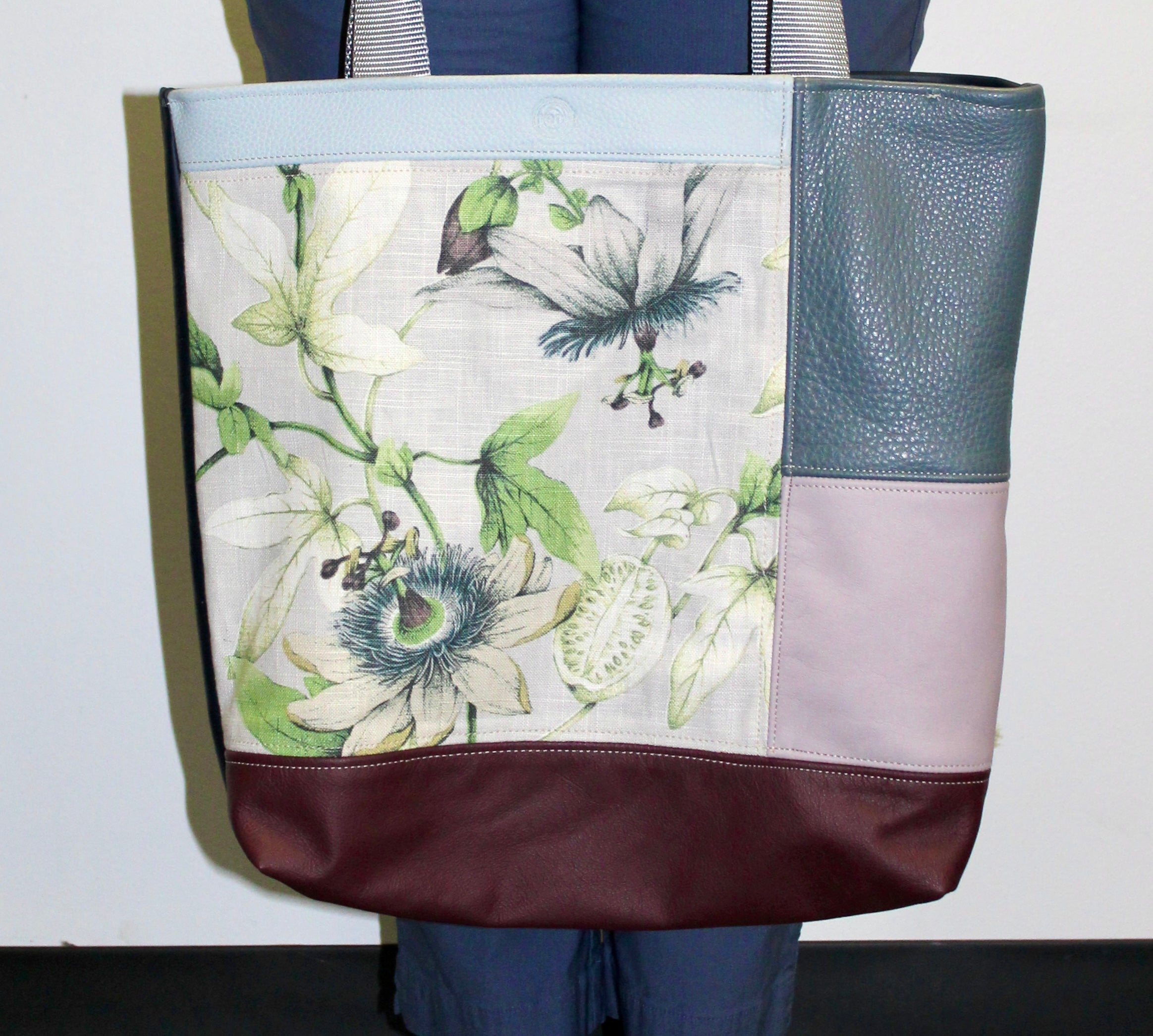 Patchwork Tote | Large Upcycled Auto Leather & Fabric | One of a Kind | Burgundy, Mauve, Steel & Sky Blue Passion Flower