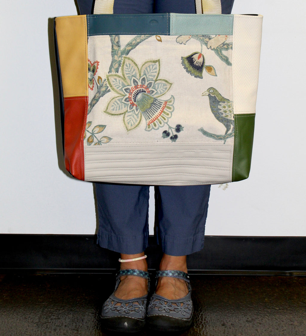 Patchwork Tote | Large Upcycled Auto Leather & Fabric | One of a Kind | Green, Cream, Blue, Rust Jacobean Floral