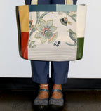 Patchwork Tote | Large Upcycled Auto Leather & Fabric | One of a Kind | Green, Cream, Blue, Rust Jacobean Floral
