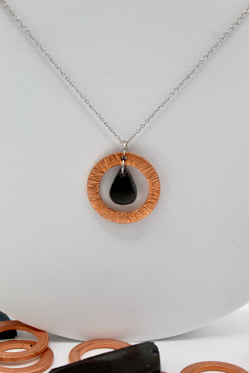 Time Necklace | Repurposed Automotive Copper Washer & Windshield Glass | Adjustable Stainless Steel Chain