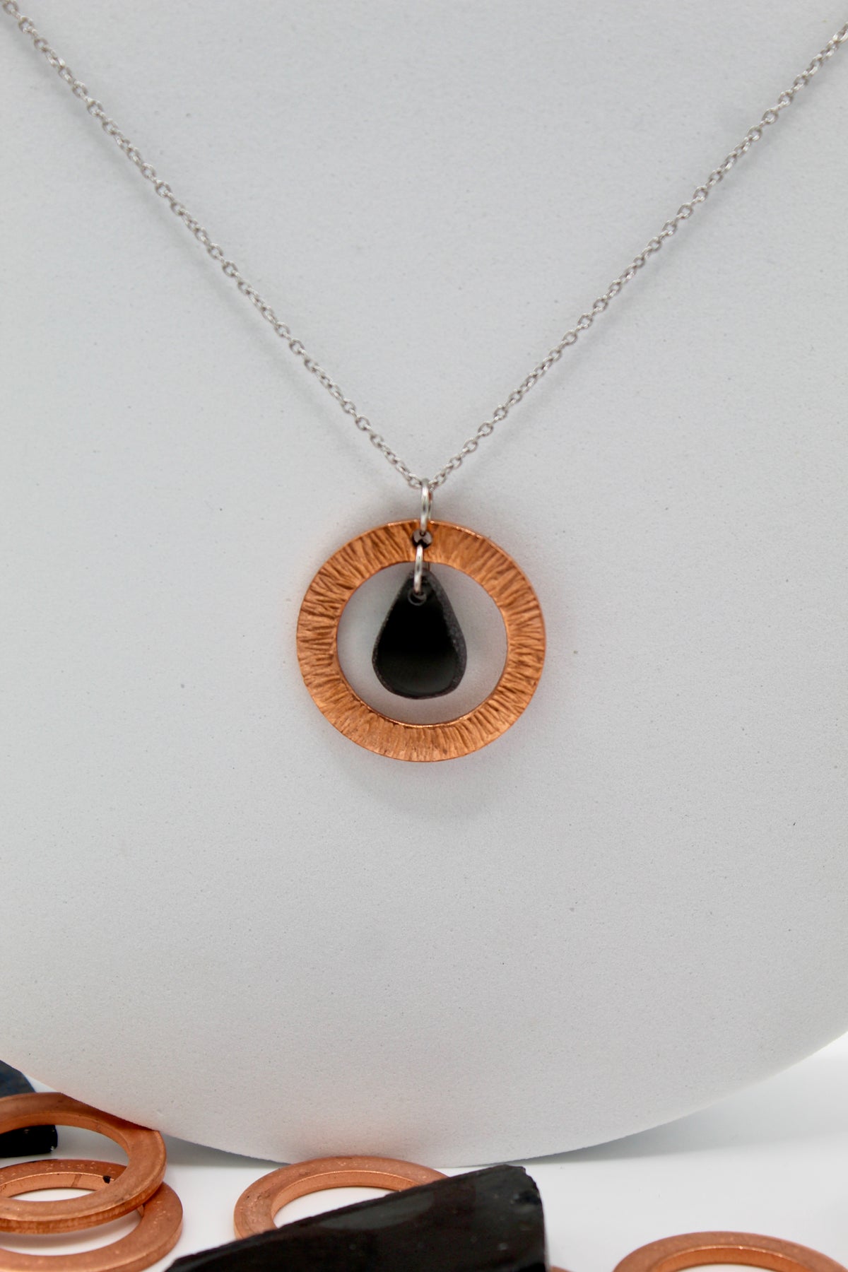 Time Necklace | Repurposed Automotive Copper Washer & Windshield Glass | Adjustable Stainless Steel Chain
