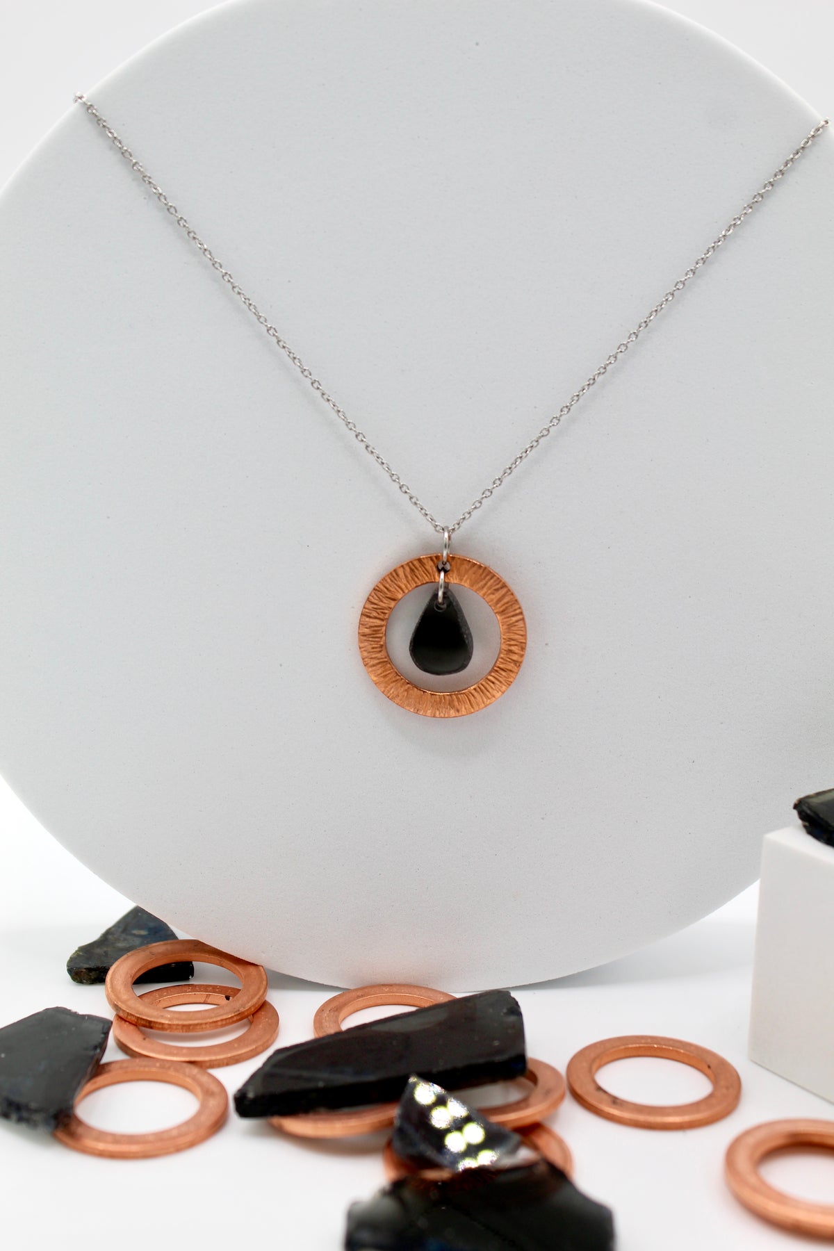 Time Necklace | Repurposed Automotive Copper Washer & Windshield Glass | Adjustable Stainless Steel Chain