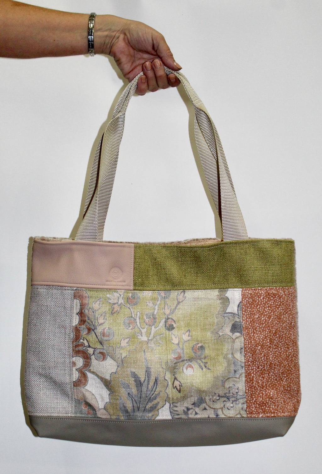 Patchwork Tote | Large Upcycled Auto Leather & Fabric | One of a Kind | Blush and Tan Abstract