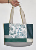 Patchwork Tote | Large Upcycled Auto Leather & Fabric | One of a Kind | Green Watercolor Leaf