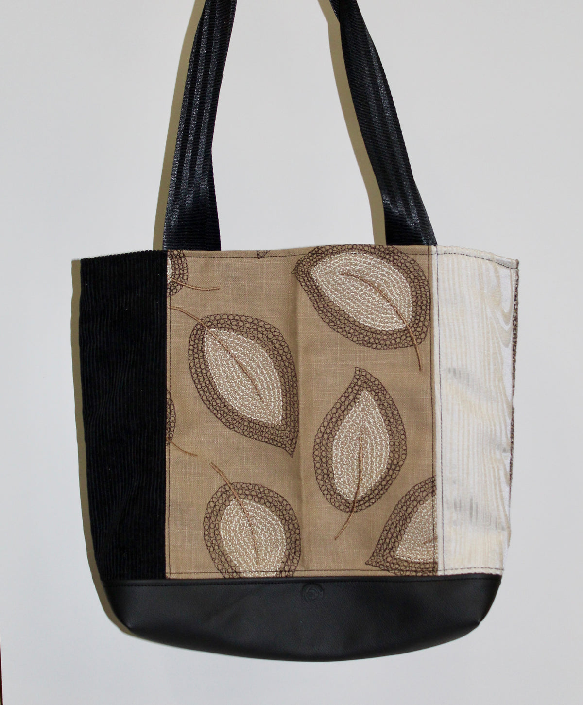 Patchwork Tote | Large Upcycled Auto Leather & Fabric | One of a Kind | Neutral Color Leaf Pattern