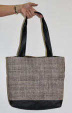 Patchwork Tote | Large Upcycled Auto Leather & Fabric | One of a Kind | Neutral Color Leaf Pattern