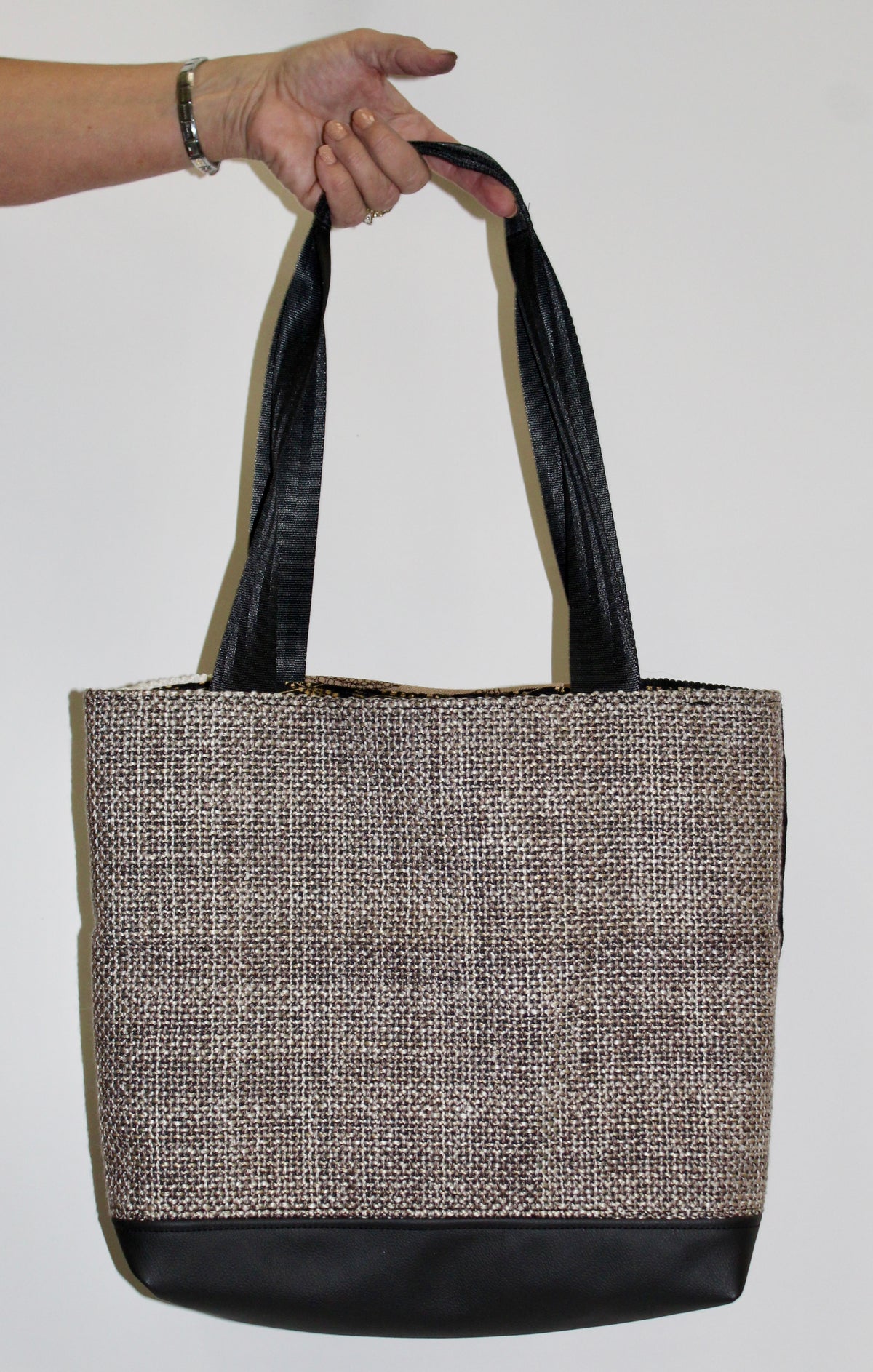 Patchwork Tote | Large Upcycled Auto Leather & Fabric | One of a Kind | Neutral Color Leaf Pattern