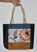 Patchwork Tote | Large Upcycled Auto Leather & Fabric | One of a Kind | Navy & Rust Orange Floral Print