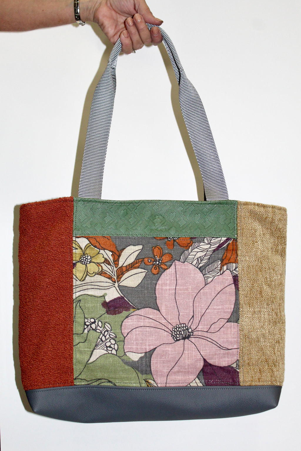 Patchwork Tote | Large Upcycled Auto Leather & Fabric | One of a Kind | Pink Floral, Green, Tan, & Orange