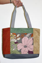 Patchwork Tote | Large Upcycled Auto Leather & Fabric | One of a Kind | Pink Floral, Green, Tan, & Orange