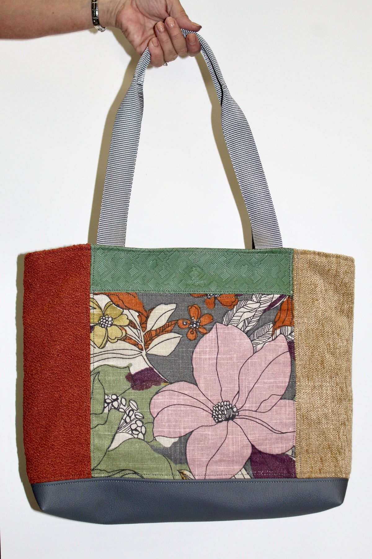 Patchwork Tote | Large Upcycled Auto Leather & Fabric | One of a Kind | Pink Floral, Green, Tan, & Orange