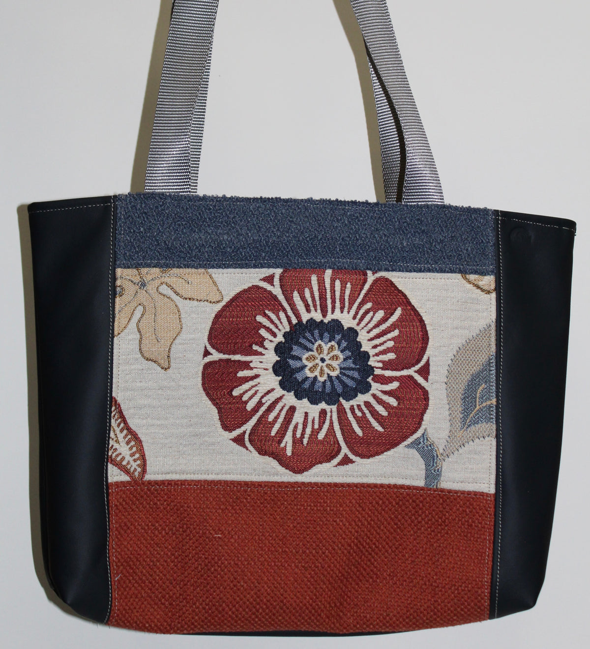 Patchwork Tote | Large Upcycled Auto Leather & Fabric | One of a Kind | Brick Red, Navy, Cream Poppy
