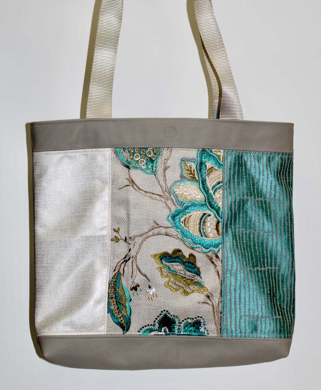 Patchwork Tote | Large Upcycled Auto Leather & Fabric | One of a Kind | White, Gray, Teal Floral