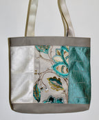 Patchwork Tote | Large Upcycled Auto Leather & Fabric | One of a Kind | White, Gray, Teal Floral