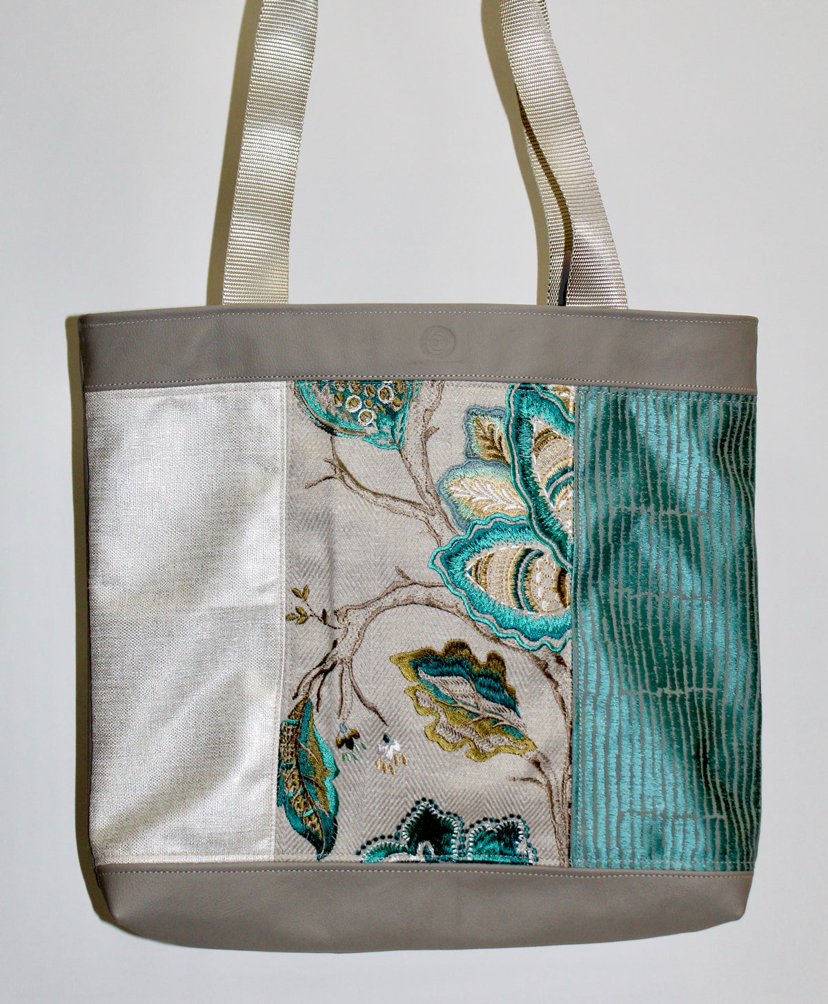 Patchwork Tote | Large Upcycled Auto Leather & Fabric | One of a Kind | White, Gray, Teal Floral