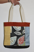 Patchwork Tote | Large Upcycled Auto Leather & Fabric | One of a Kind | Mid Century Modern Leaf Pattern