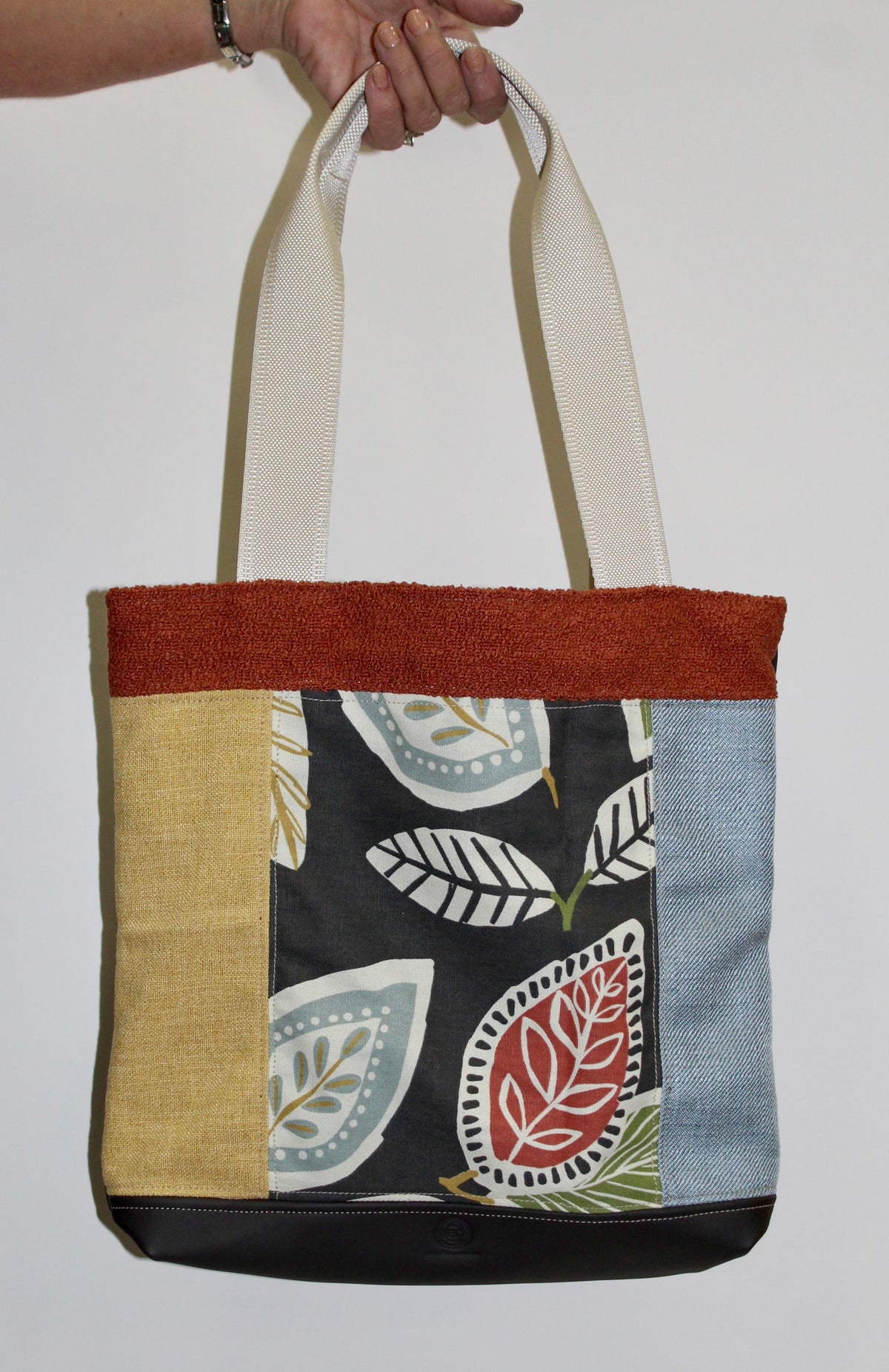 Patchwork Tote | Large Upcycled Auto Leather & Fabric | One of a Kind | Mid Century Modern Leaf Pattern