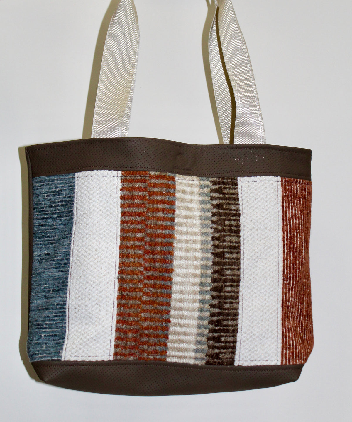 Patchwork Tote | Large Upcycled Auto Leather & Fabric | One of a Kind | Dots & Stripes Brown Blue, Rust, White