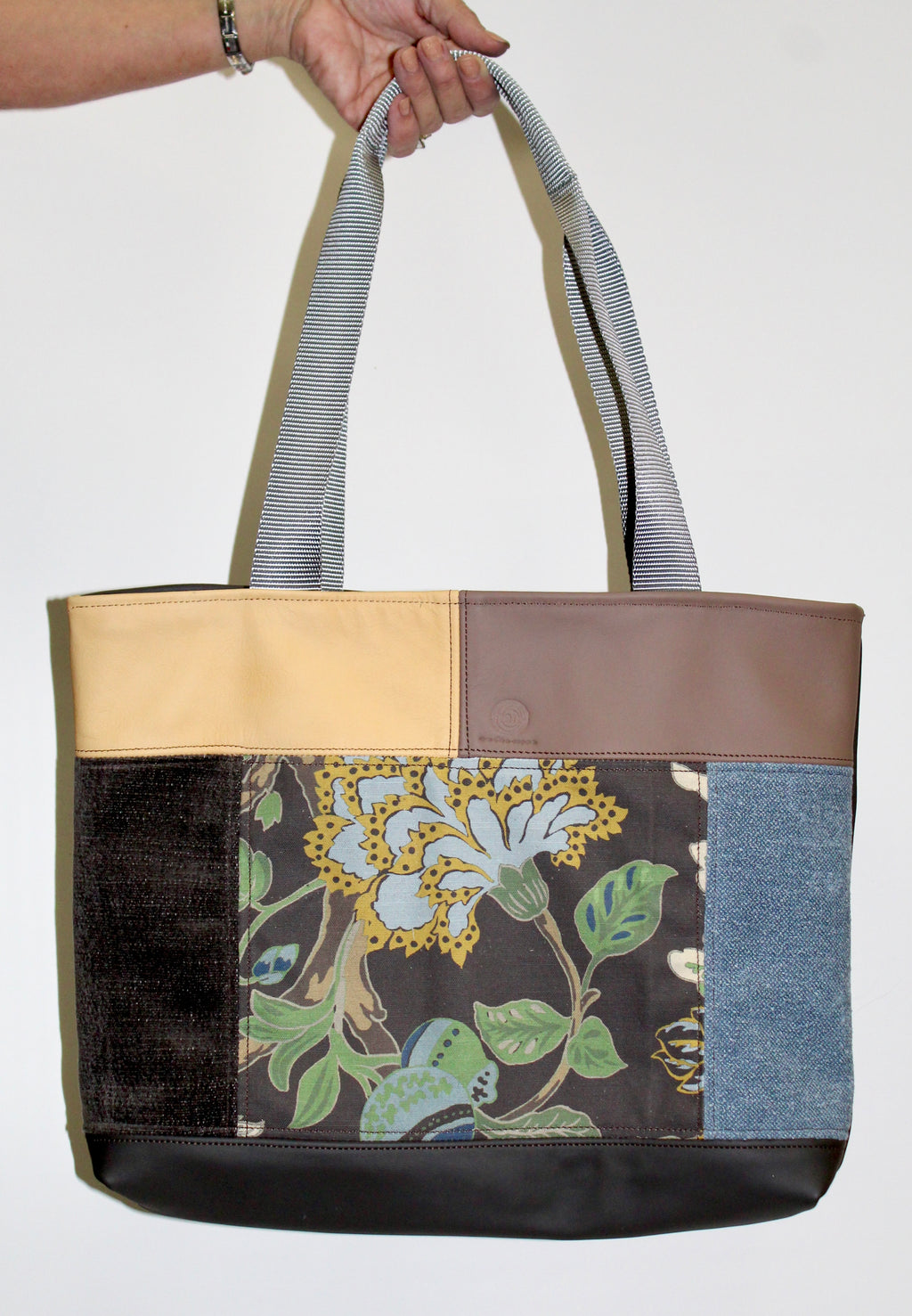 Patchwork Tote | Large Upcycled Auto Leather & Fabric | One of a Kind | Yellow, Blue, and Mocha