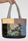 Patchwork Tote | Large Upcycled Auto Leather & Fabric | One of a Kind | Yellow, Blue, and Mocha