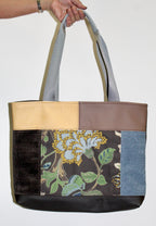 Patchwork Tote | Large Upcycled Auto Leather & Fabric | One of a Kind | Yellow, Blue, and Mocha