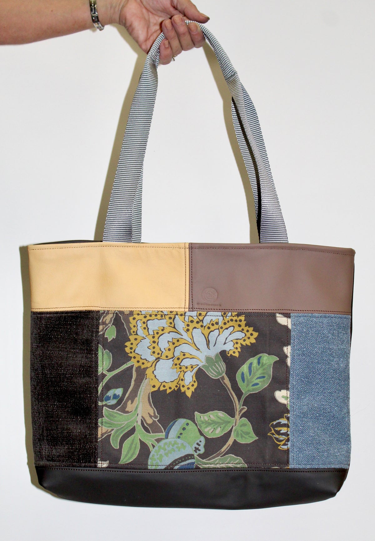 Patchwork Tote | Large Upcycled Auto Leather & Fabric | One of a Kind | Yellow, Blue, and Mocha