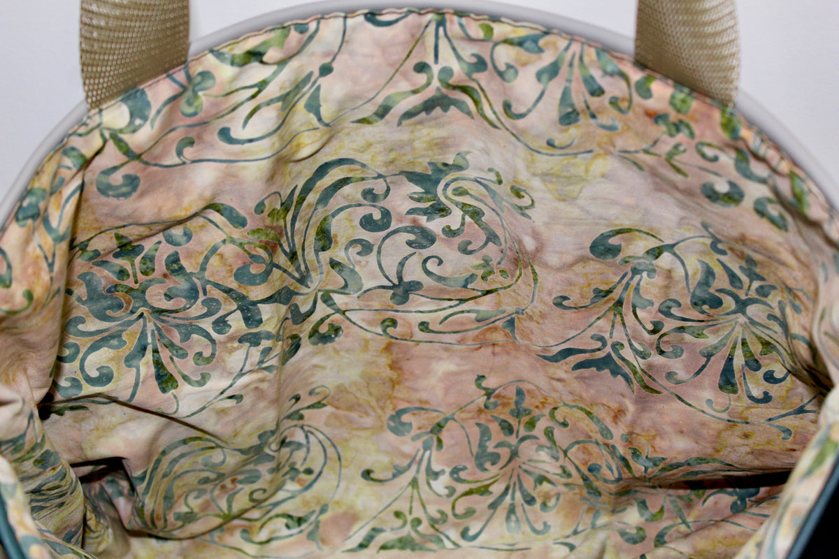 Patchwork Tote | Large Upcycled Auto Leather & Fabric | One of a Kind | Green Watercolor Leaf