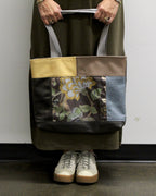 Patchwork Tote | Large Upcycled Auto Leather & Fabric | One of a Kind | Yellow, Blue, and Mocha