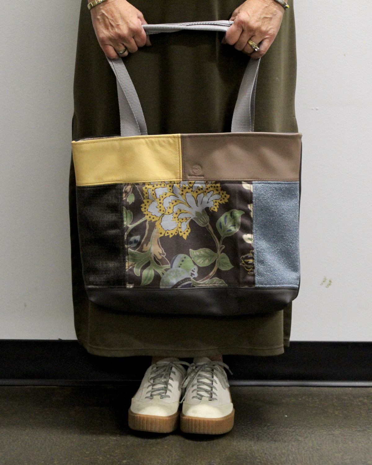 Patchwork Tote | Large Upcycled Auto Leather & Fabric | One of a Kind | Yellow, Blue, and Mocha