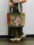 Patchwork Tote | Large Upcycled Auto Leather & Fabric | One of a Kind | Pink Floral, Green, Tan, & Orange