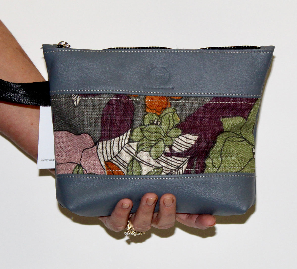 Piece by Piece Wristlet | Upcycled Auto Leather & Fabric | One of a Kind | Pink Floral, Green, Gray, Purple
