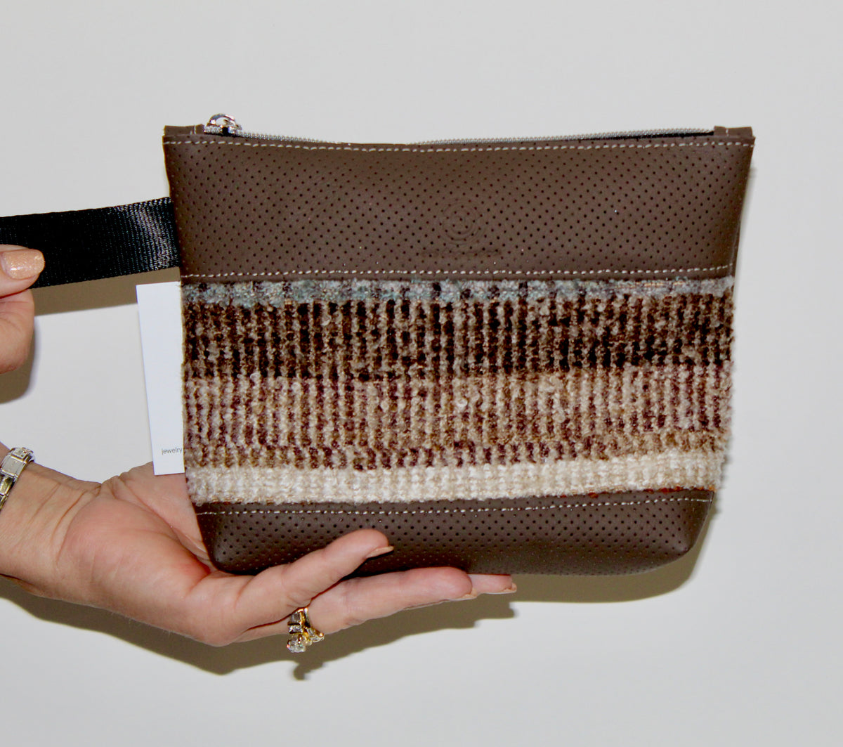 Piece by Piece Wristlet | Upcycled Auto Leather & Fabric | One of a Kind | Dots & Stripes