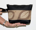 Piece by Piece Wristlet | Upcycled Auto Leather & Fabric | One of a Kind | Neutral Color Leaf Pattern
