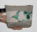 Piece by Piece Wristlet | Upcycled Auto Leather & Fabric | One of a Kind | Gray, White, Teal Floral