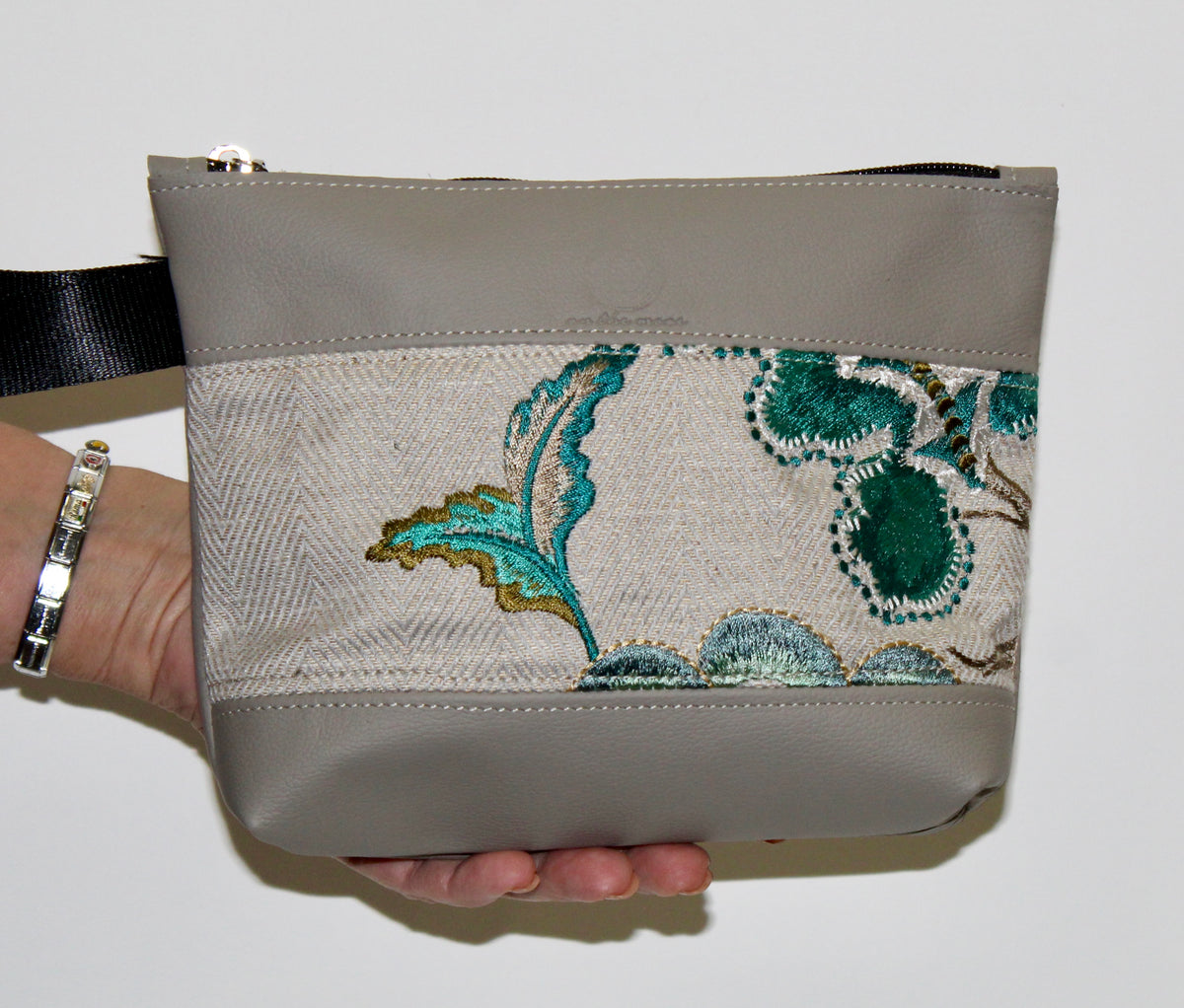 Piece by Piece Wristlet | Upcycled Auto Leather & Fabric | One of a Kind | Gray, White, Teal Floral