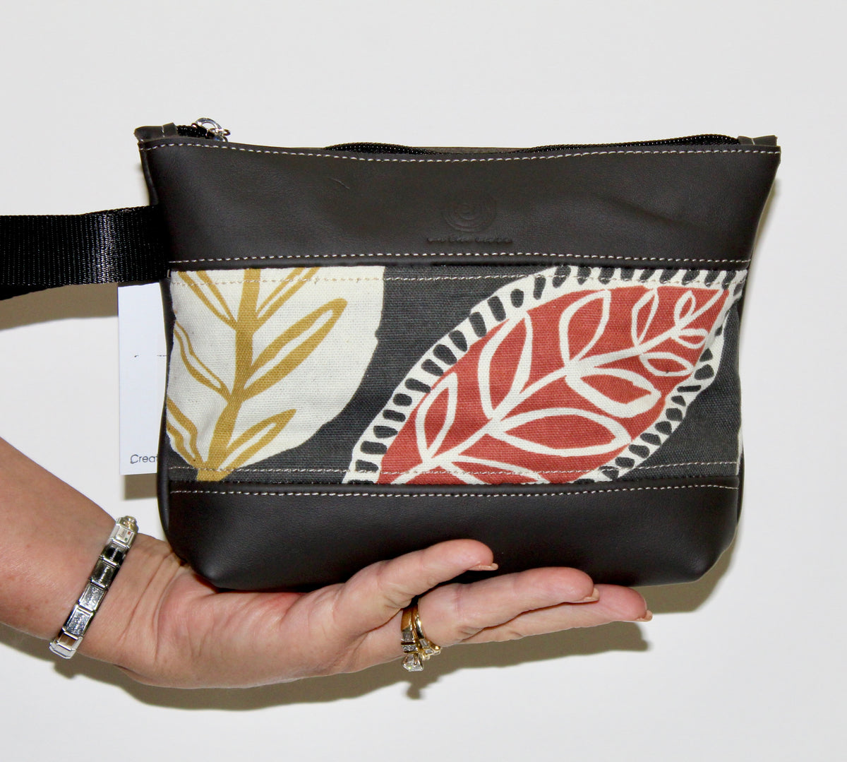 Piece by Piece Wristlet | Upcycled Auto Leather & Fabric | One of a Kind | Mid-Century Modern Leaf