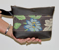 Piece by Piece Wristlet | Upcycled Auto Leather & Fabric | One of a Kind | Yellow, Blue, and Green Floral