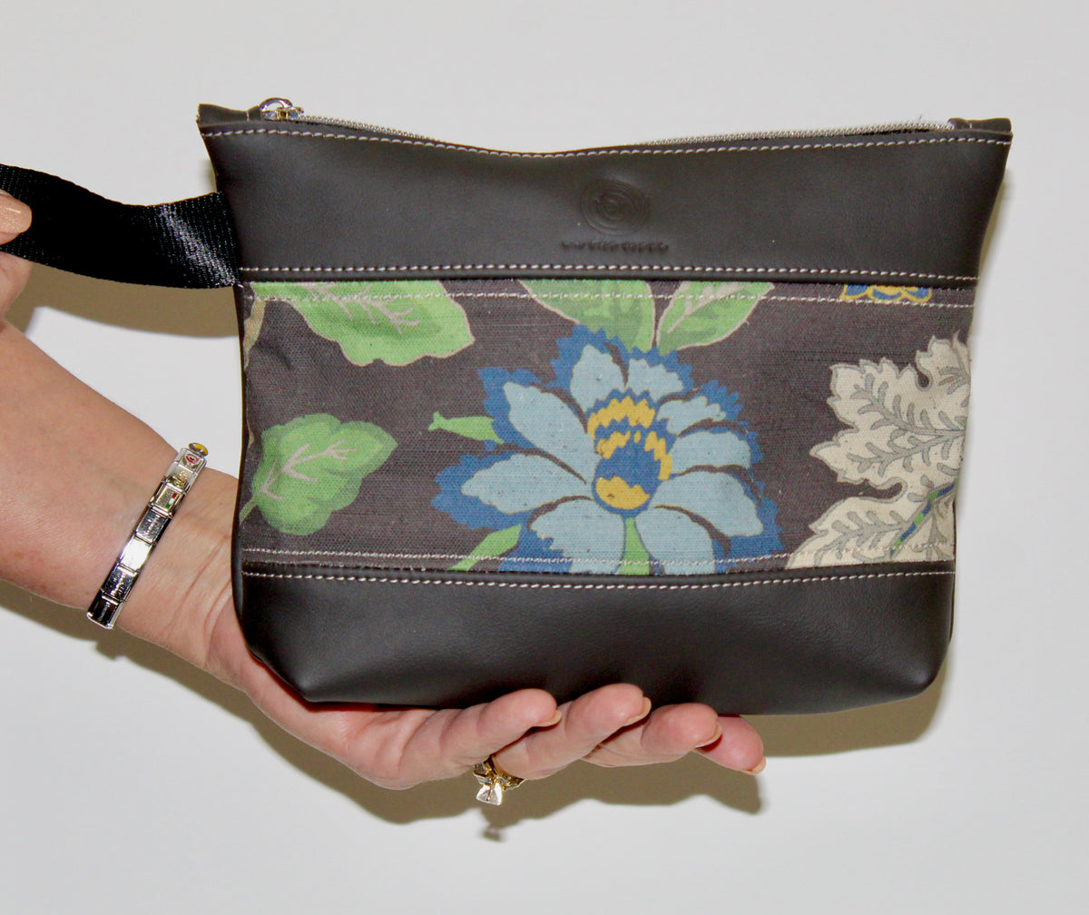 Piece by Piece Wristlet | Upcycled Auto Leather & Fabric | One of a Kind | Yellow, Blue, and Green Floral