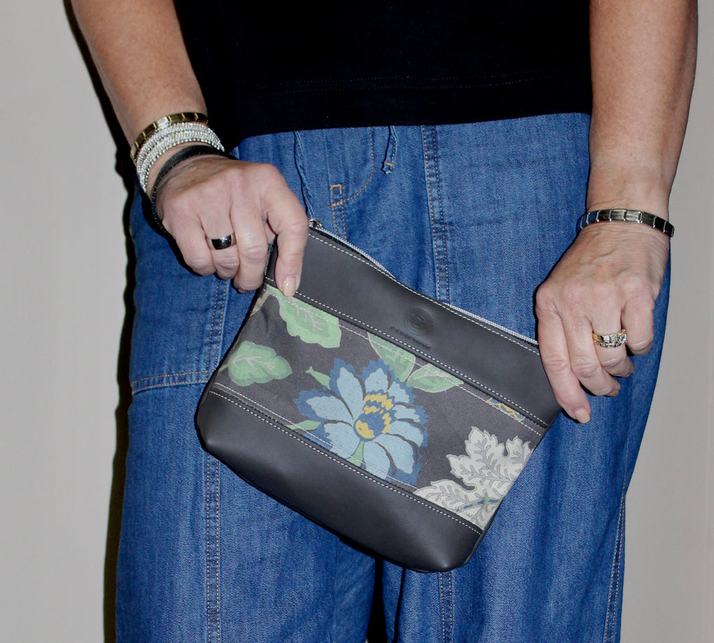 Piece by Piece Wristlet | Upcycled Auto Leather & Fabric | One of a Kind | Yellow, Blue, and Green Floral