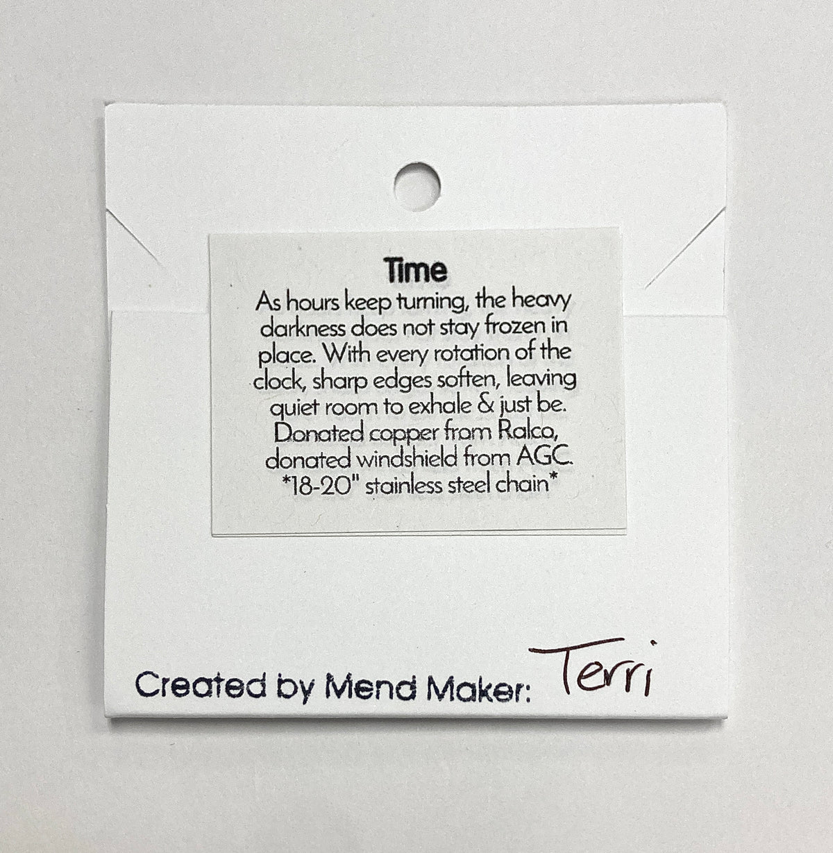 Time Necklace | Repurposed Automotive Copper Washer & Windshield Glass | Adjustable Stainless Steel Chain