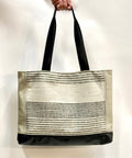 Patchwork Tote | Large Upcycled Auto Leather & Fabric | One of a Kind | Black & Beige Stripe